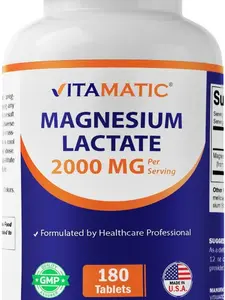 Vitamatic Magnesium Lactate Mineral Supplements - 2000mg per Serving, 180 Tablets, Non-GMO, GMO Free, Gluten-Free, No Artificial Additives, Daily Support for Muscle & Heart Health