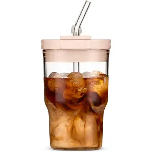 Glass Cups with  and Straws,16oz/480mll  Iced Coffee Glasses & Juice Bottles,Cold Brew Tumblers with Leakproof , Glass Jars for Juicing,Matcha,Flower ,Smoothie ()