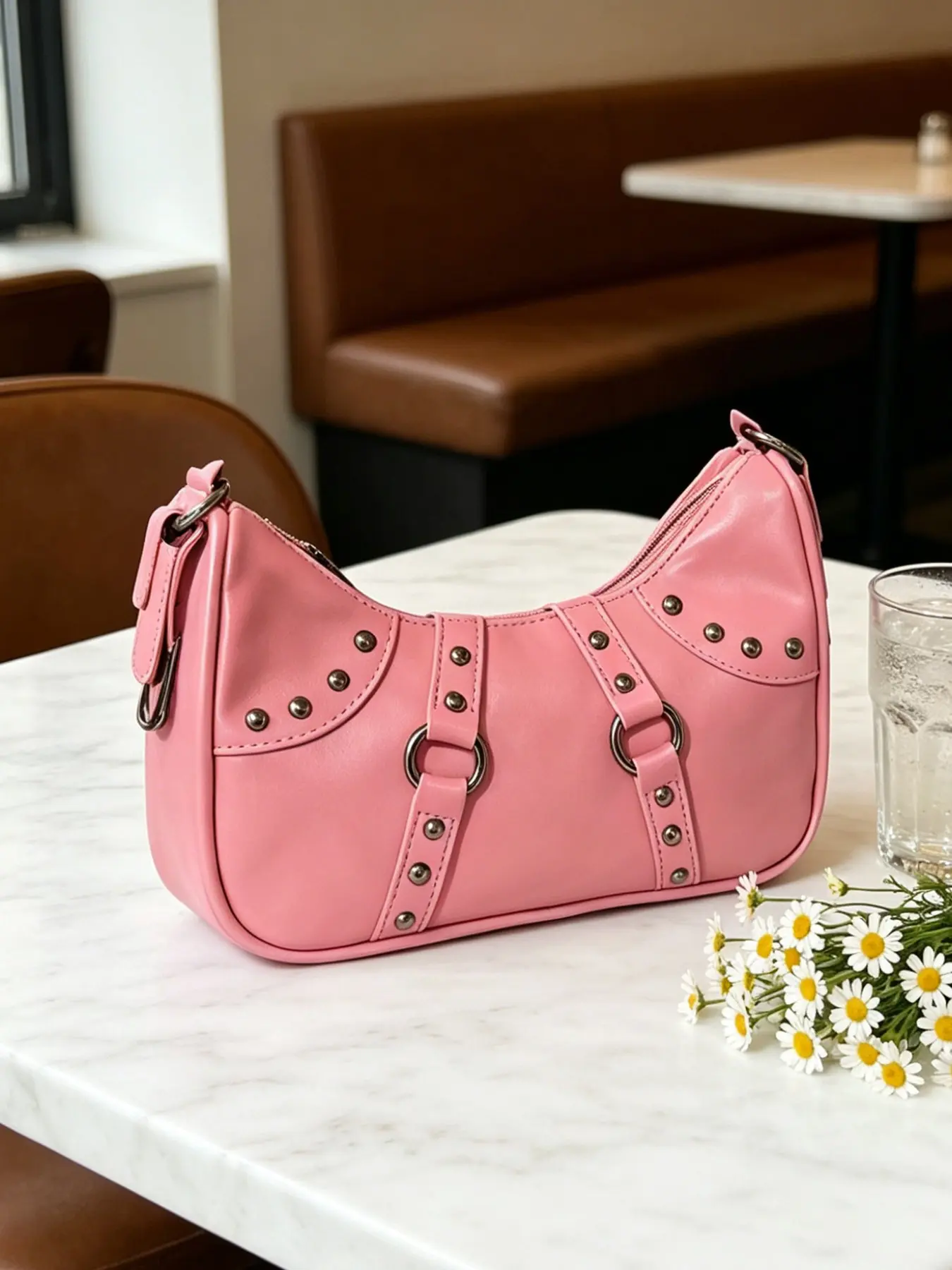 Simple fashionable， niche design  sweet and cool pink shoulder underarm bag, embellished with metal accessories, retro crescent-shaped handbag, suitable for daily commuting, shopping, dating, afternoon tea, etc. Hobo Shoulder Bag Casual Fashion Bag