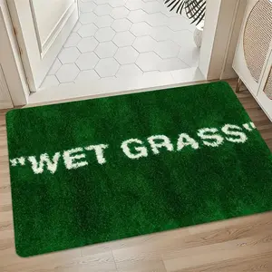 “WET GRASS” letter Green Grass Pattern Door Mat, Durable Soft Absorbent Stone front Door Mat, Aesthetic Modern Slogan Carpet, Machine Washable Soft Durable Rug for Entryway Living Room Bedroom Kitchen Bathroom Office Outdoor Porch Decor