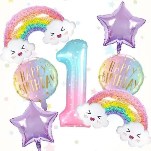 7pcs Cloud Rainbow Balloon Set Design, Gradual Starry Sky Numbers and Happy Birthday Balloons, First Birthday Party Decorations, Wedding, Home, Atmosphere Setup