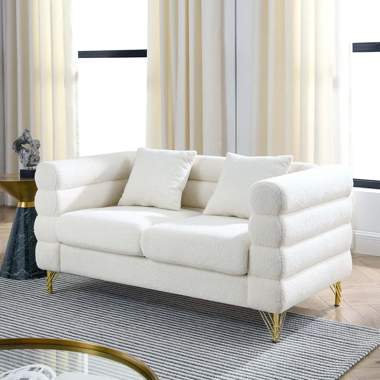 Loveseat Sofa Modern Couch, 60" W Teddy Bouclé Comfy Cloud Sofa with Gold Legs & Pillows, Upholstered Tufted Deep Seat Cozy Sherpa Couch for Living Room, Bedroom, Office, Apartment(2 Seater, Ivory)