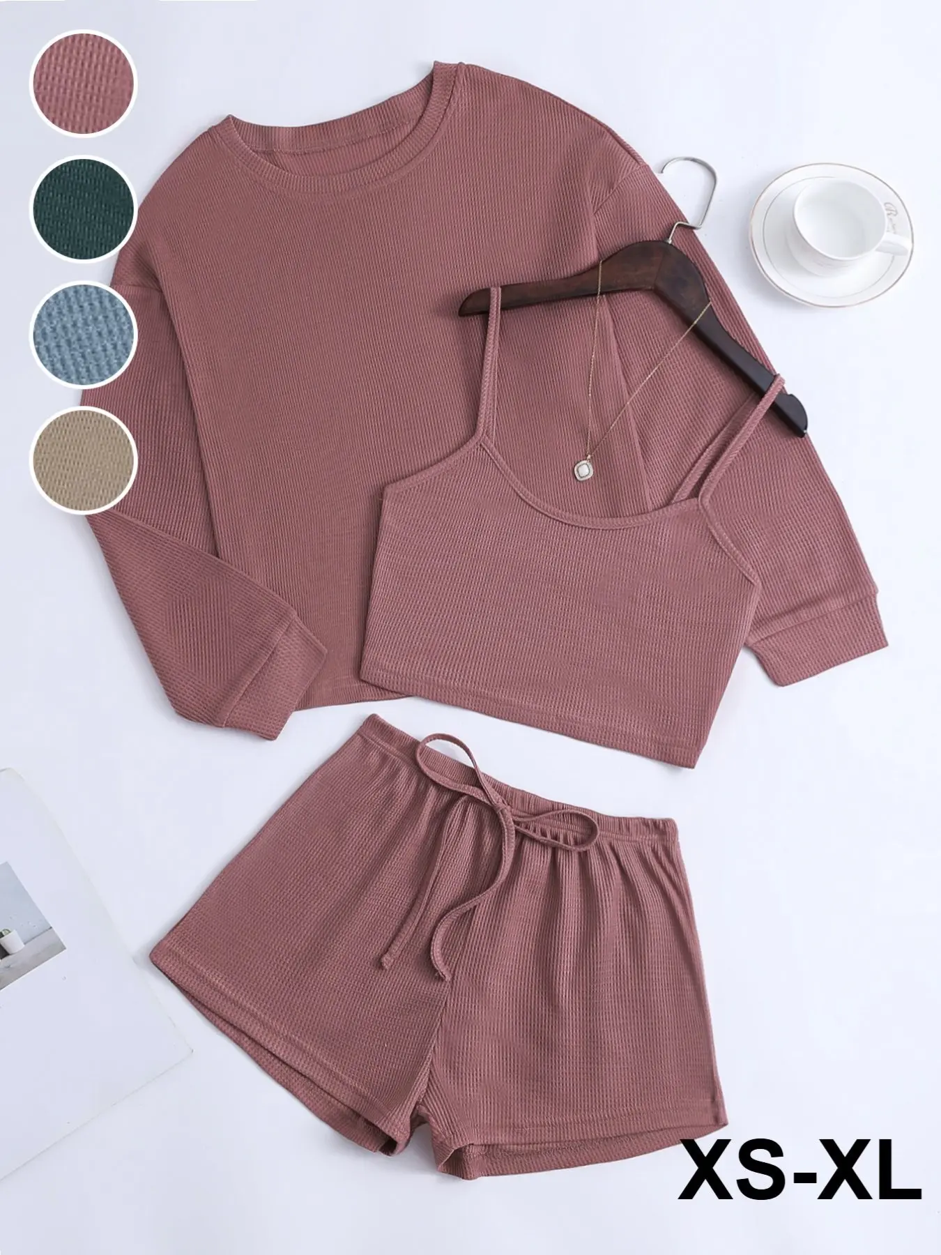 Women's Waffle Knit Tank Top + Long Sleeve Round Neck Shirt + Adjustable Drawstring Shorts Set, Minimalist Loungewear Set, Casual Basic Loose Fit Homewear Clothes, Fall & Winter