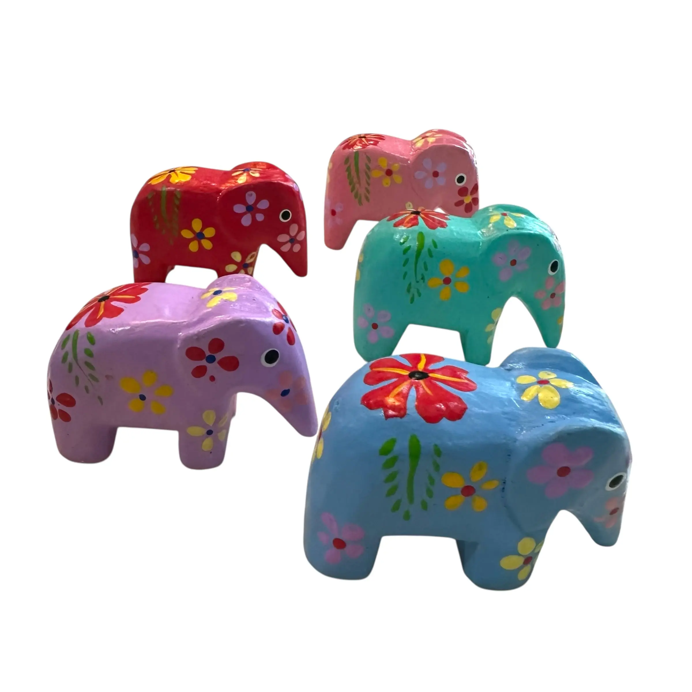 5-Pack Hand-Painted Wooden Elephant Figurines - Decorative 3-Dimensional Figurines, Traditional Art Ornaments, Miniature Colorful Statues, Boxed Home Decor Accessories for Gifting Souvenirs, Three-Dimensional Figurines