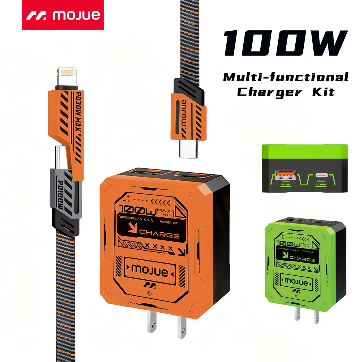 [1-Pack] MOJUE 100W USB C Fast Charger with 3-in-1 Charging Cable, Dual Port Type-C & USB-A Wall Charger Set, Mecha Style Fast Charging Cable for iPhone 17/16/15, Samsung S25, iPad, Android Phones, Tablets and More, Green/Orange Durable Connection