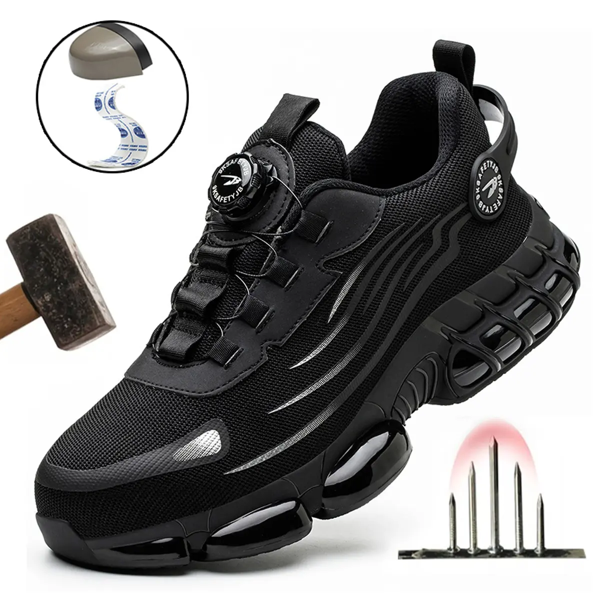 Men's Black Safety Sneakers with Rotating Buckle - Steel Toe, Puncture-Proof, Breathable Mesh Upper, Non-Slip Rubber Sole, Reflective Stripe for Enhanced Visibility, Ideal for Work and Outdoor Use, Work Safety Footwear |   Modern Safety Sneakers |   Steel