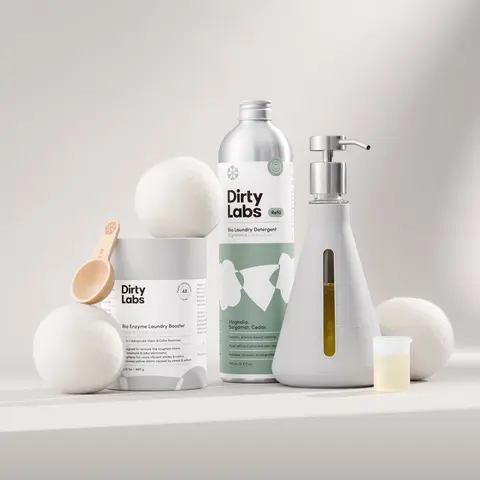 Sustainable Laundry Starter Set - Signature Scent - Laundry Detergent (80 Loads), Booster (48 Loads), Dryer Balls (3 Pack), and Refillable Pump