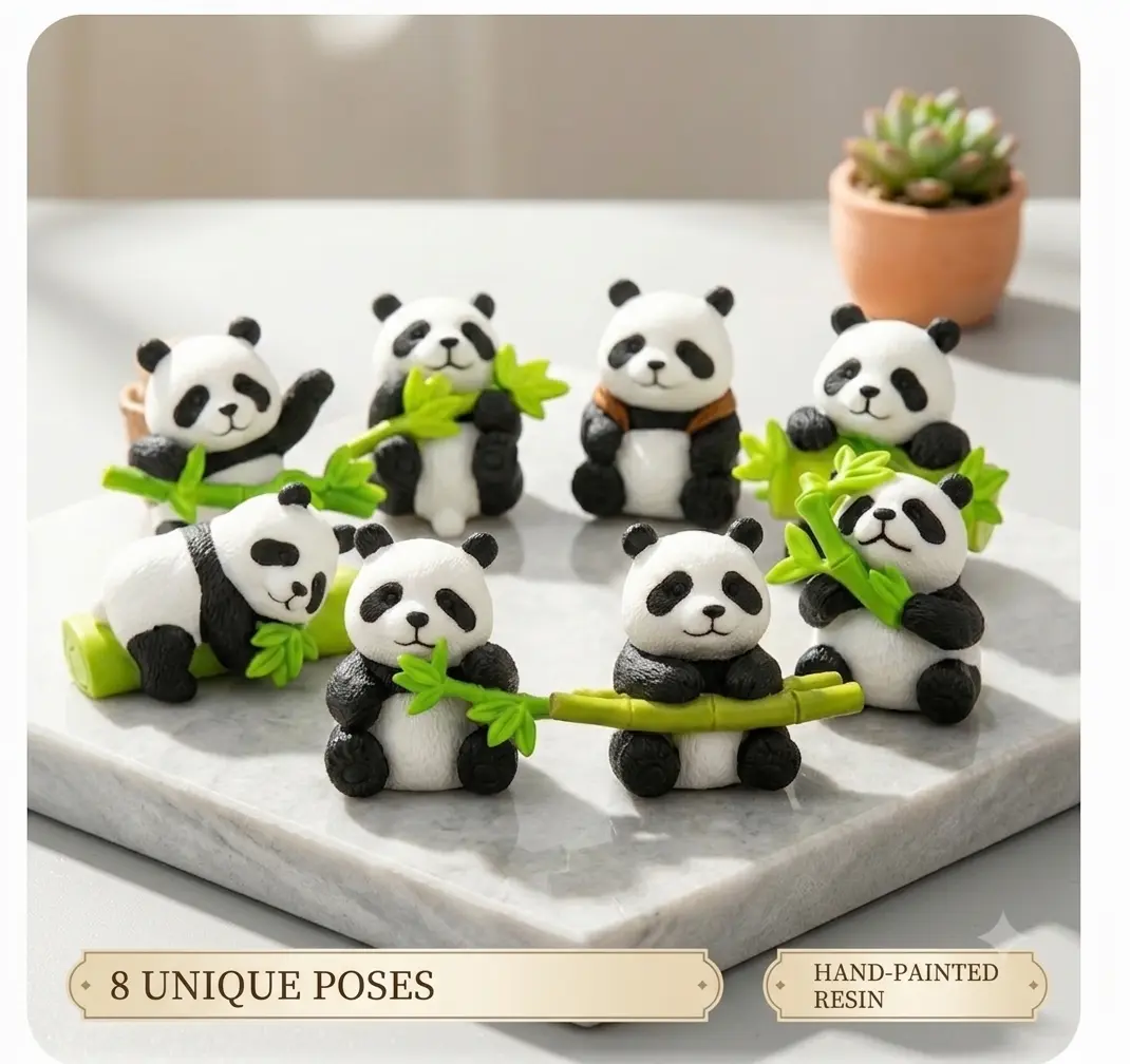 Kawaii Bamboo Panda Resin Animal Figurine Set (4PCS/8PCS) - Miniature Decorative Ornaments with Adhesive Tape, Desk/Car Dashboard Figurines Decor, Home Decor Supplies Gift