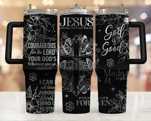 Christian Jesus Cross Tumbler, 40oz Black Silver Floral Bible Verse Travel Mug With Handle Straw, Be Strong Courageous Joshua 1:9 God Is Good Gift For Religious Faithful Women Mom, Double Wall Insulated Stainless Steel Cup