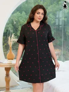 Women's Plus Size Sleepwear Dress, Loungewear, Collared, Polyester Fabric, Small Cherry Print Design, Sleeve Patchwork, Loose Fit, Perfect for Homewear