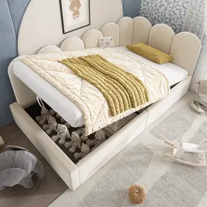Modern L-Shaped Twin Corner Daybed with Hydraulic Storage, Velvet Tufting Upholstered Frame, Reversible Headboard, Metal Slats, Bedroom Furniture for Bedroom, Living Room, Beige