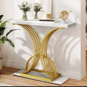 Modern Slim Accent Console Table with Faux Marble Top & Elegant Gold Metal Frame for Living Room Hallway or Office