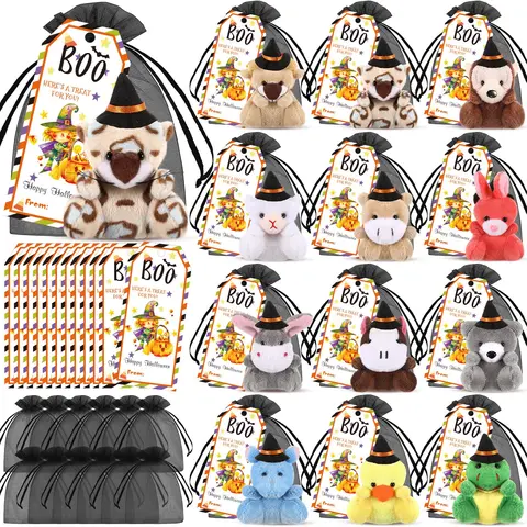12/24 Sets Halloween Party Favors Mini Halloween Animals Stuffed 2x2.95 Inches with Candy Bags for Trunk or Treat Bulk Non candy Halloween Treats for Teachers Parents Boo Baskets Stuffers Classroom Halloween Hide and Seek Supplies Exchange Gift