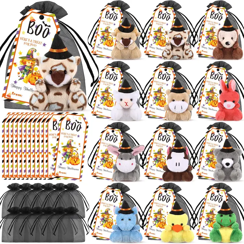 12/24 Sets Halloween Party Favors Mini Halloween Animals Stuffed 2x2.95 Inches with Candy Bags for Trunk or Treat Bulk Non candy Halloween Treats for Teachers Parents Boo Baskets Stuffers Classroom Halloween Hide and Seek Supplies Exchange Gift