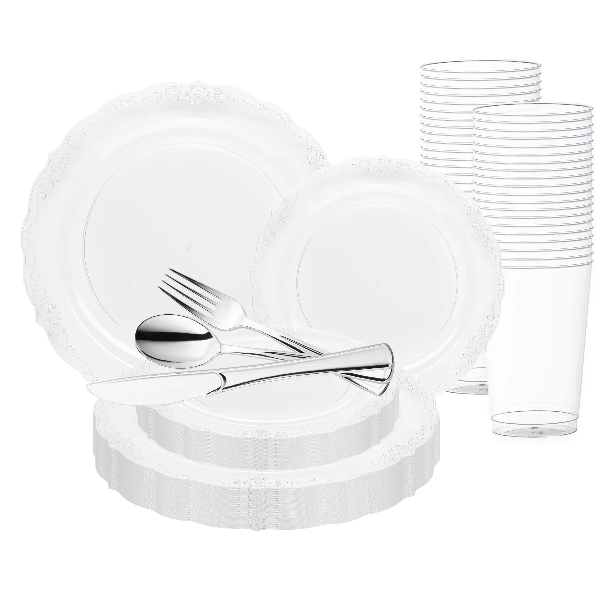 Clear with Silver Vintage Rim Round Disposable Plastic Wedding Value Set