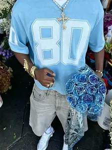 Light blue 80 mesh soccer jersey | Loose Y2K streetwear, breathable mesh fabric, vintage hip-hop V-neck T-shirt, Athletic Tops, perfect choice for casual wear and summer OOTD.