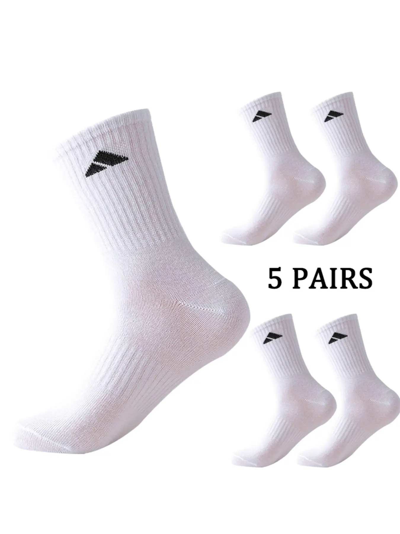 5 pairs of black and white patterned mid length Polyester Athletic Elastic socks suitable for both men and women comfortable and unisex sports socks
