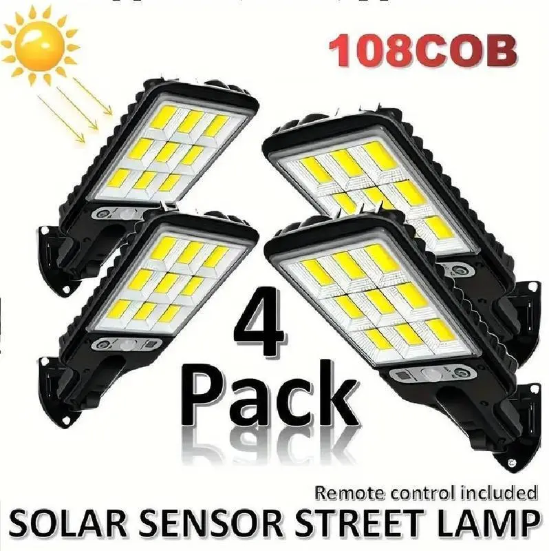 Outdoor Garden Lighting Solar Spotlights 4-Pack - 6000lm Solar-Powered Motion Sensor Wall Lamps, 108COB LED, IP65 Water Resistant, Remote Dim Control, Auto-Night-On, Durable Plastic Body Security Lights for Garden Wall, Wide Area Coverage