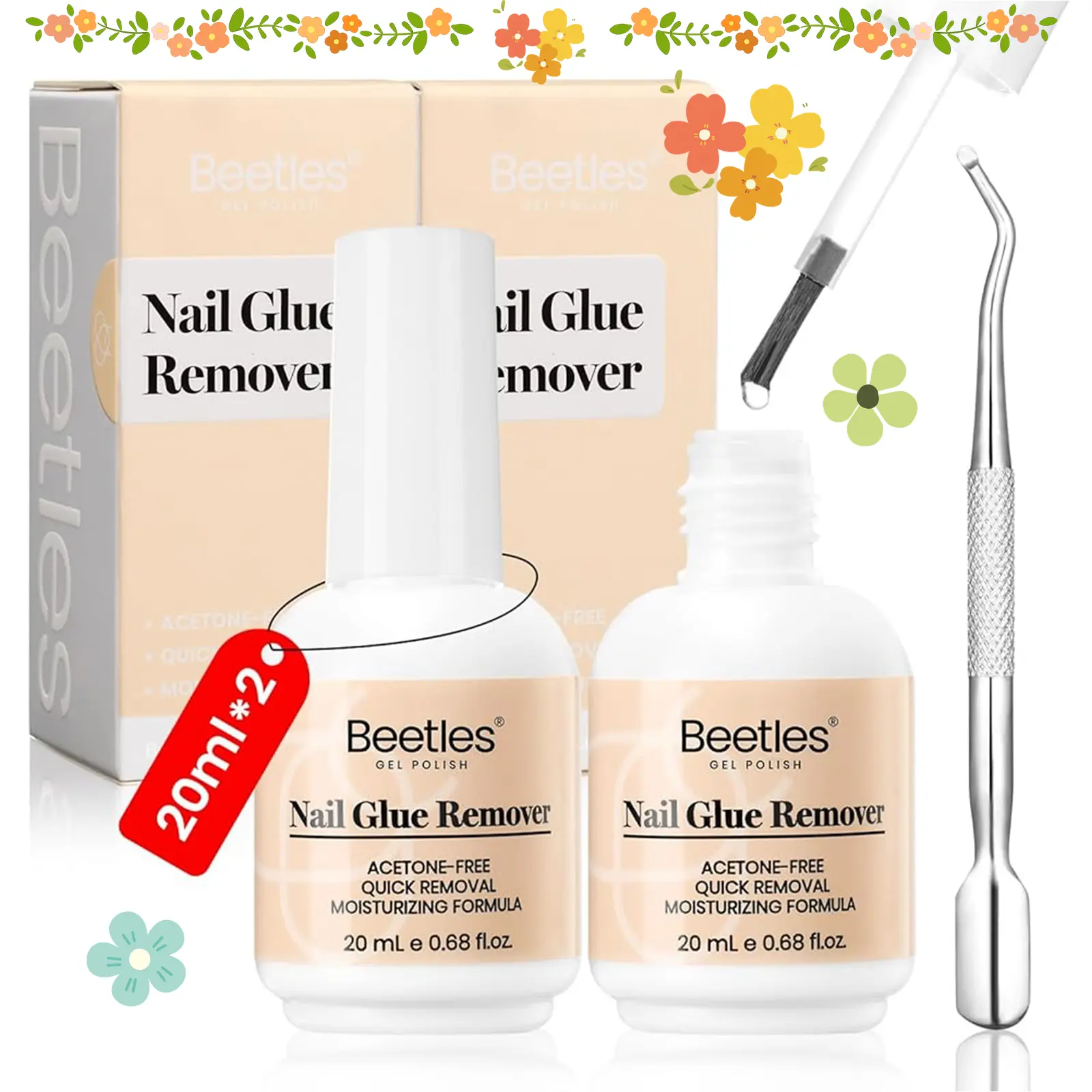 Beetles Nail Glue Remover -for Press on Nails air dry nail glue,Not for Uv Gel Glue or Gel Polish, False Nails Glue Remover for Fake Nail Tips Acrylics Nails Adhesive Includes Cuticle Pusher Fall Nail Halloween Nail Black Friday Gift#Summervibes