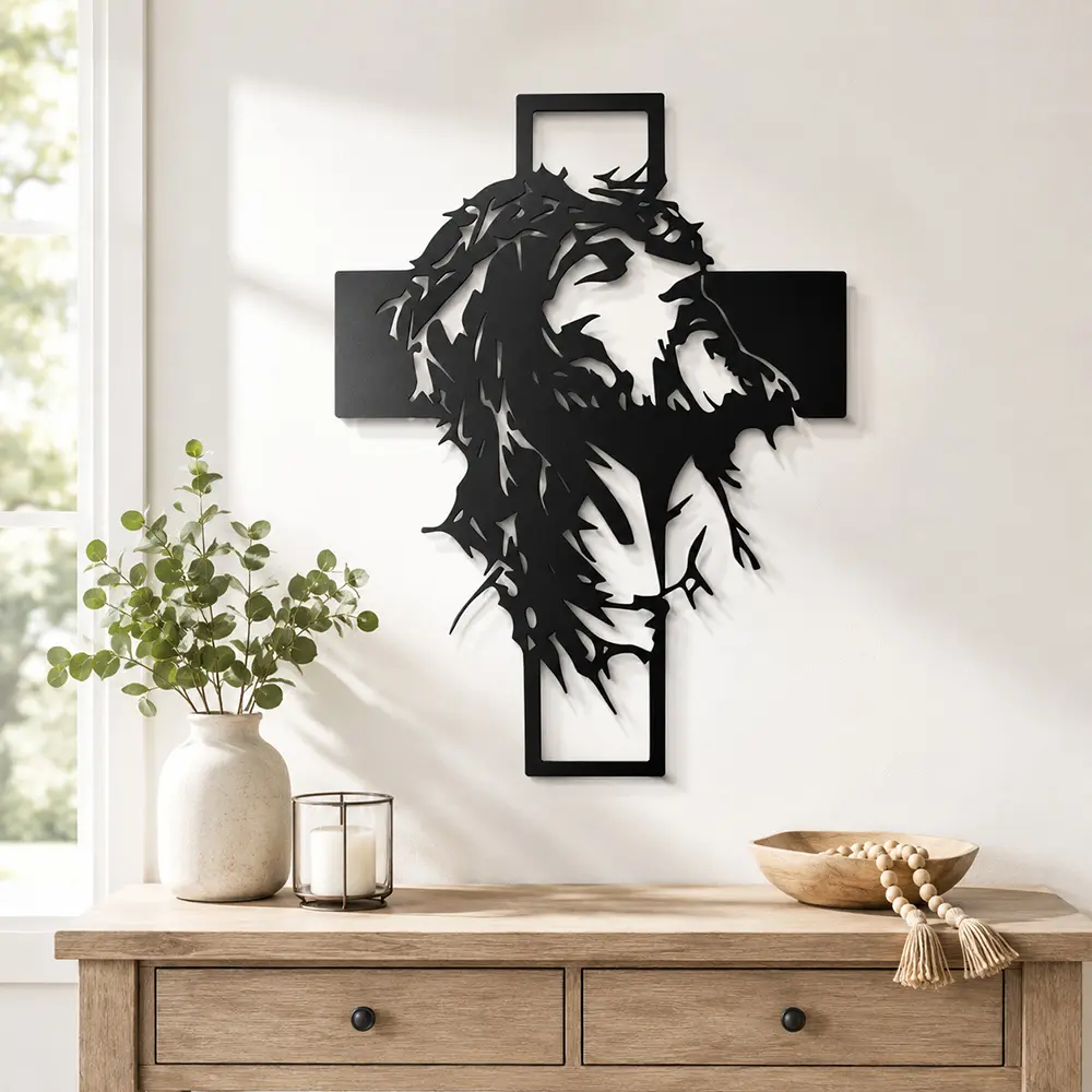 Jesus Christ Cross Wall Art Night Light - Christian Religious Home Decor - Backlit Metal Silhouette With Crown Of Thorns - Ideal Easter Gift