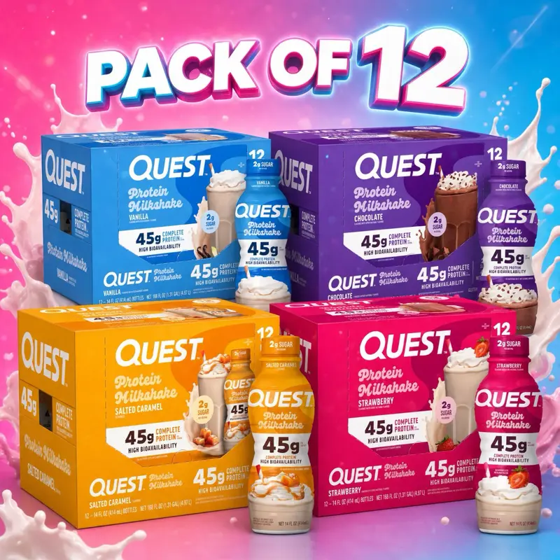 Quest Protein Milkshake Pack of 12 - 45g Protein per Serving - Vanilla, Chocolate, Salted Caramel, Strawberry Flavors - Rich & Delicious