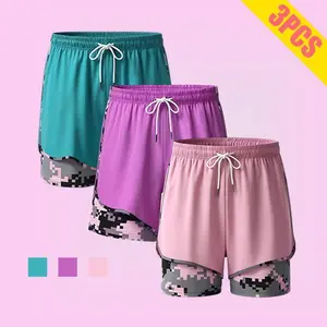 Women's 3-Pack Anti-Exposure Layered Yoga Shorts - Quick-Dry Polyester Fabric Camouflage Print Athleisure Casual Shorts, Women's Clothing for Running, Fitness,summervibes