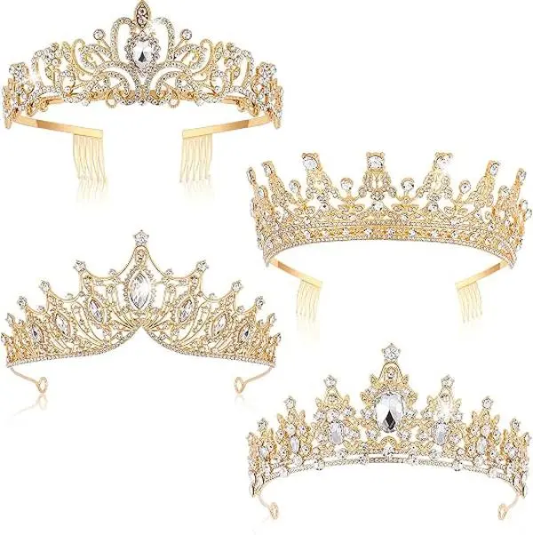4 Pack Gold Bridal Crowns and Tiaras, Rhinestone Wedding Tiara Set with Hair Combs, Princess Pageant Prom Crown Headpieces for Women Brides Bridesmaid Wedding Birthday Party