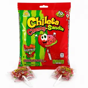 Chileta Chamoy Sandia Watermelon Chili Lollipops 10ct | Mexican Candy, Tangy Spicy Watermelon Chili, Individually Wrapped, Party Favors