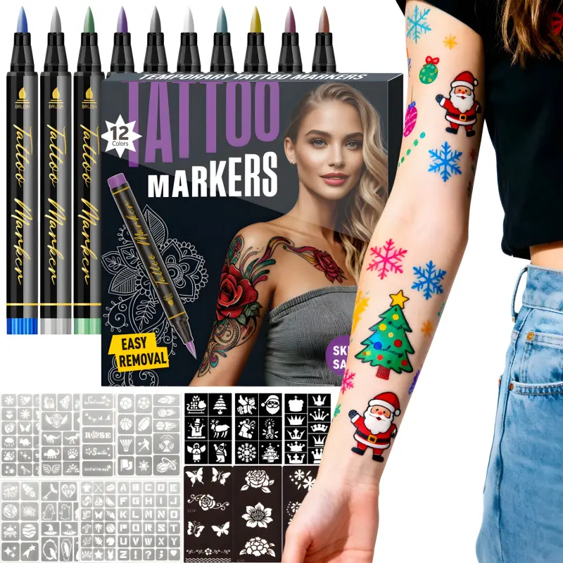 Temporary Tattoo Markers,10/12/18/24 Colors Metallic Markers,Tattoo Stencil, Cosmetic Tattoos Pens,Flexible Brush Tip, Bright colors, Face Paint Kit Cosmetic Quality,Christmas gifts,Halloween