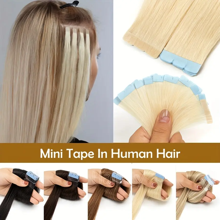 2025 Hot Mini Tape-In Human Hair Extensions - Seamless Invisible Straight Black Hair 12-24 Inches for Caucasian Women |   Elegant Natural-Looking Hair Strips with Secure Tape-In Application, Quick Hairstyle Upgrade, Sleek Hairstyle, Smooth Texture, Beauty