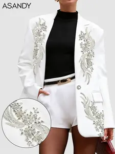ASANDY White Luxury Rhinestone-Embellished Blazer - Floral Crystal Embroidered Formal Suit Jacket | Oversized Elegant Party Blazer, Perfect for Weddings/Galas/Evening Events All-Season Glamorous Outfit-Oversize