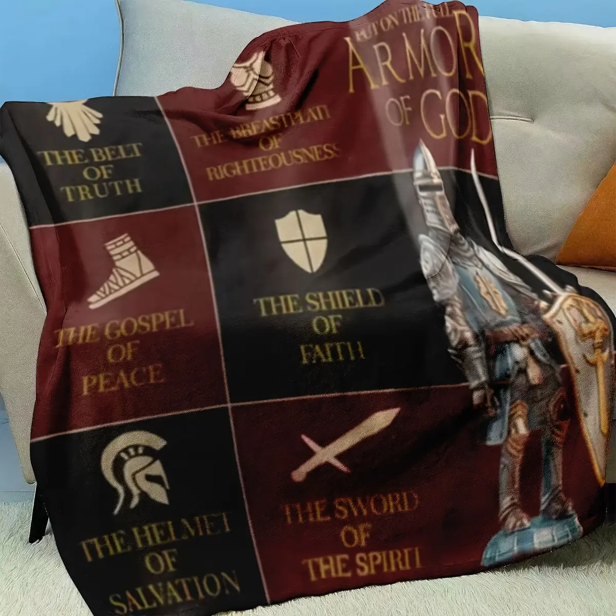 Armor of God Christian Flannel Throw Blanket - Biblical Virtues Design with Spiritual Symbols, Soft All-Season Warmth, 280GSM Polyester for Bedroom, Office & Home Decor, Plush Contemporary Blanket