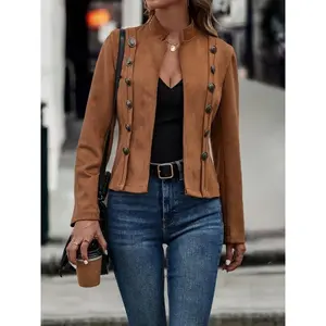 Women's European and American suede jacket, slimming decorative double-breasted jacket Outerwear Dark Brown kam pink jacket Fabric Womenswear