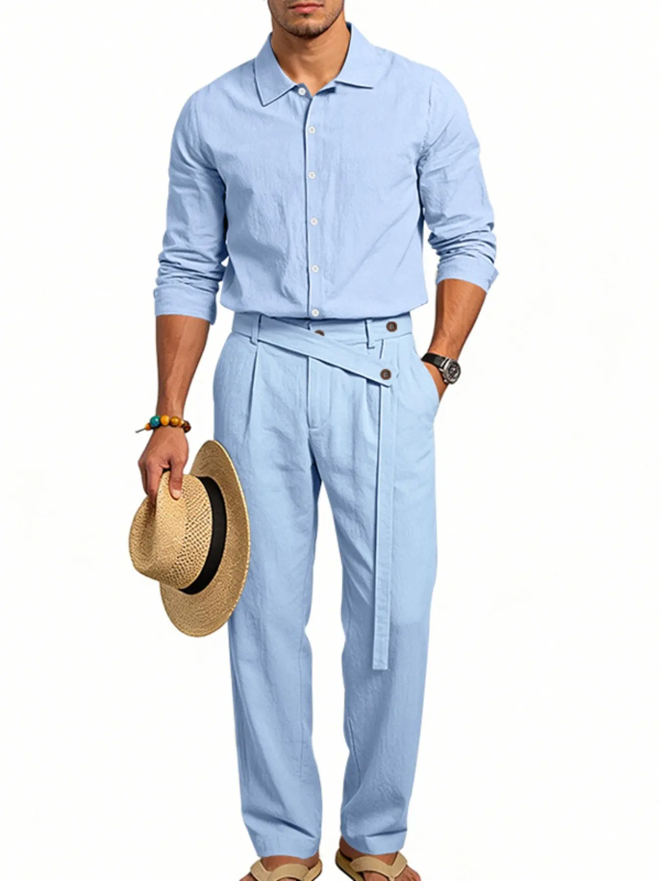 Men's Linen Casual Plain Suit Set, Menswear, Spring & Fall Loose Fit Blouse, Long Sleeve Shirt and Pants, Wholesale Cross-Border Fashion, Solid Linen Set, Fall Matching Sets, Commute Style Set
