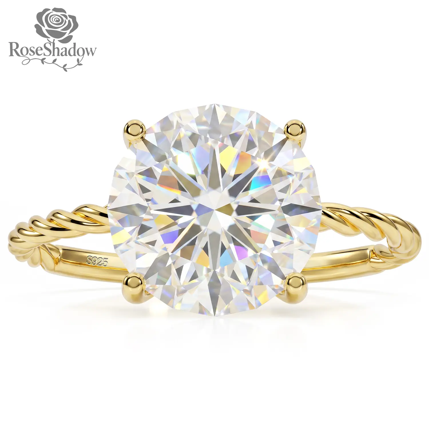 ROSESHADOW 3CT Round Moissanite Engagement Ring for Women D Color VVS1 Solitaire Moissanite Ring 14K Gold Plated 25 Sterling Silver Jewerly Gift for Her