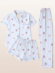Women's Sleepwear Loungewear Three-Piece Pajama Set Pjs Pyjamas Nightwear Lounge Set, Short Sleeve Cardigan Top + Shorts + Long Pants, Blue Striped Cherry Bow Print, Casual Fitted Style
