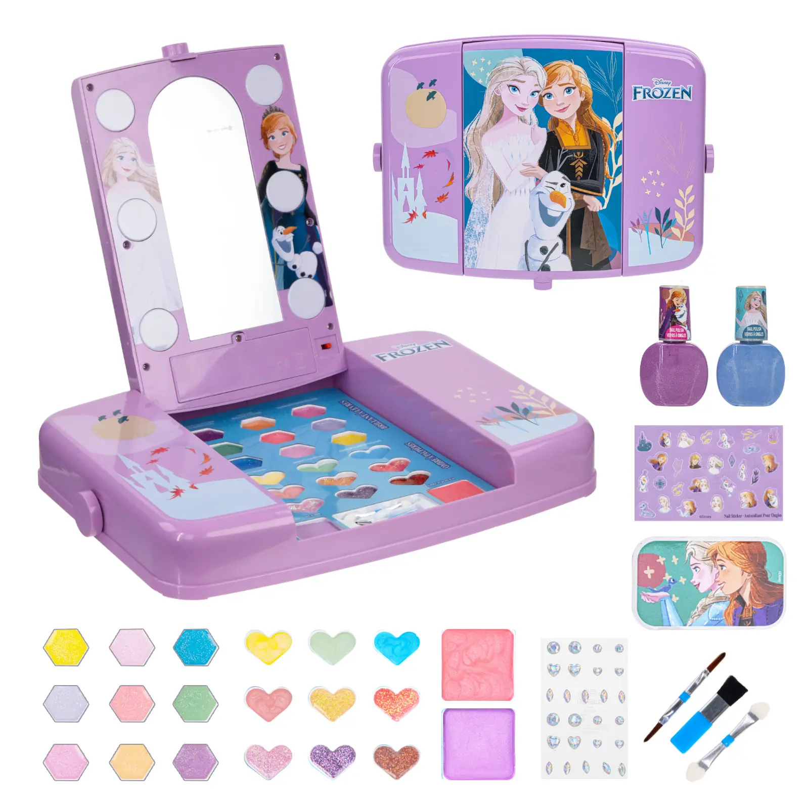 Disney Townley Girl Kids Pretend Play Miniature Set - 9.75 in Light-Up Mirror Vanity with Lip Gloss, Eye Shadow, Brushes, 2 Peelable Plant-Based Wax Glitter Nail Polishes, Nail Art Accessories & More for Ages 6–8 Girls’ Parties, Makeovers, Nail File
