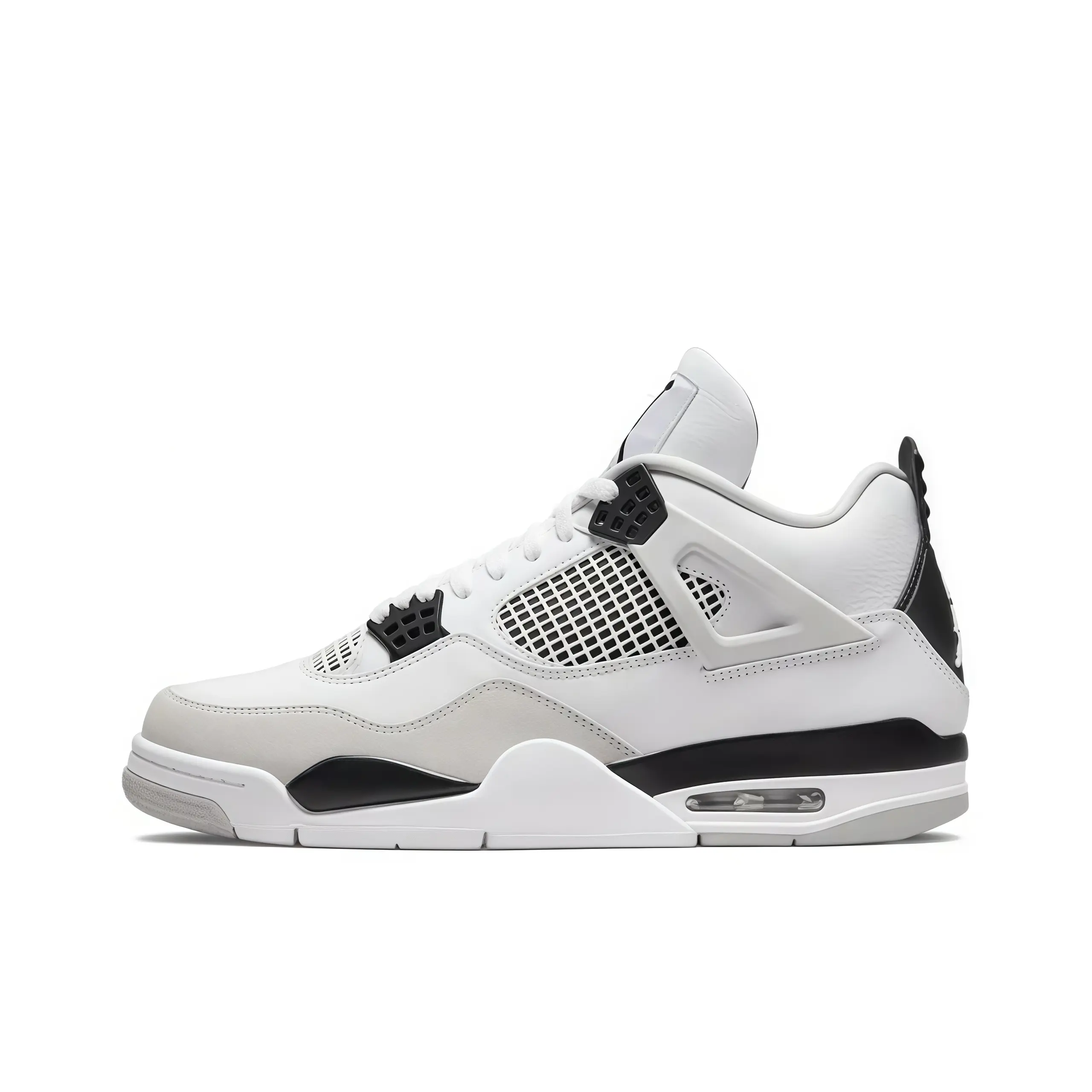Unisex Mid‑Top Retro Basketball Sneakers White Light Grey Leather Upper Black Plastic Buckle Accents Classic Grid Mesh Side Panel Black Midsole Visible Air Unit Rubber Outsole Lace‑Up Street Sport Shoes For Men Women