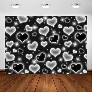 1pc black heart photo background, vintage 2000s party decoration, vintage background, Valentine's Day flashing heart background, suitable for women and men, 90s birthday background, selfie wall decoration, banner