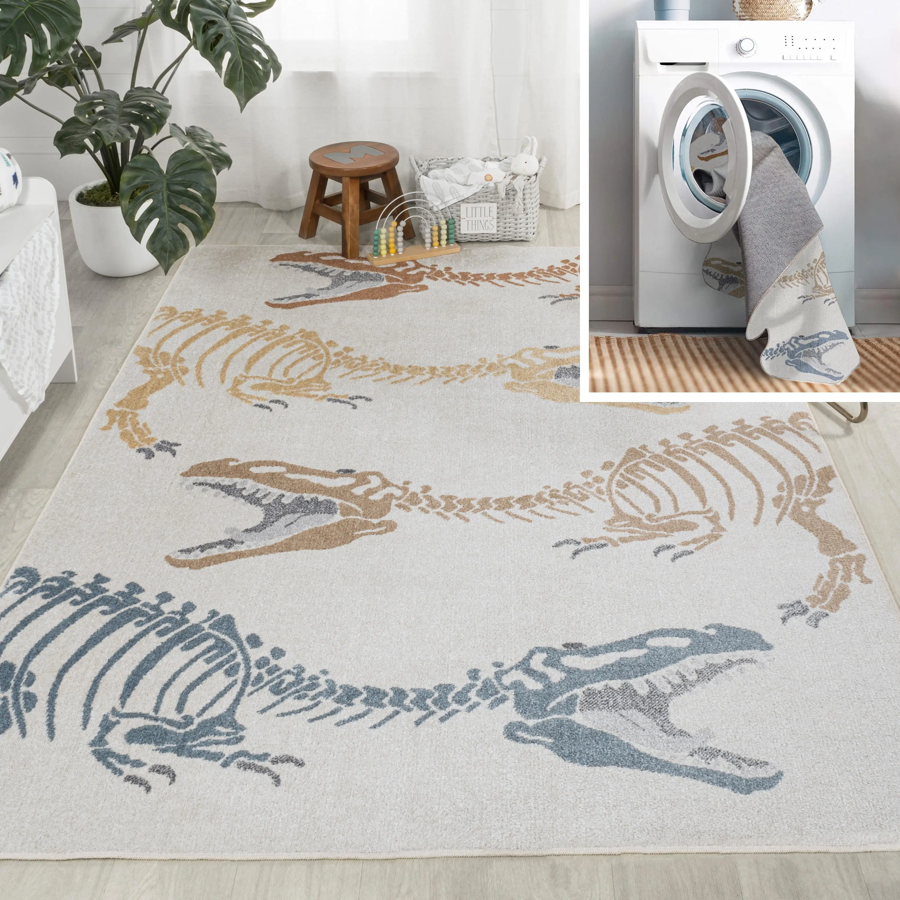 JONATHAN Y Kingdarr T-Rex Cartoon Pattern Contemporary Area Rug - Absorbent Washable Living Room Mat, Home Decor Rug for Kids’ Spaces, Machine-Washable Household Textile, Absorbent Washable Rug