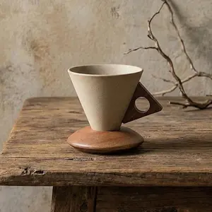 Wabisabi Elegant Conical Coffee Cup 8.45oz Ceramic & Wooden Material Modern Triangular Design with Handle for Home Office Cafe Beverage Drinkware Mug Aesthetic Summervibes tiktokshopspringglowup