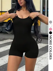 Women's Solid Color  Romper, Casual Comfy Short Sleeve Romper for Daily Wear, Ladies Clothes for All Seasons