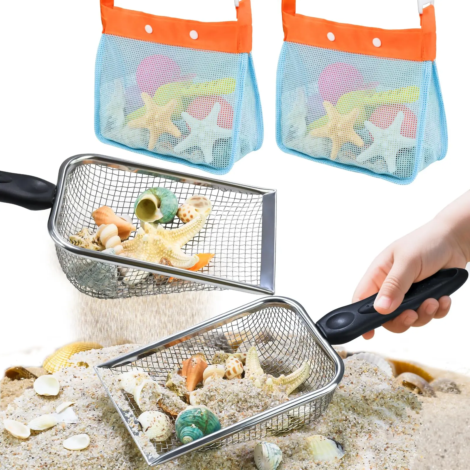2 PCS Beach Mesh Shovel Sand Sifters with 2 PCS Mesh Beach Bag, Shark Tooth Sifter for Shell Collecting, Filter Sand Scooper Shells Tools for Boys and Girls Strap Handle Exploring Safe
