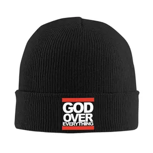 S&T 1 Piece "God Over Everything" Knitted Hat - White Letters and Red/Gray Block Logo, Windproof Acrylic Winter Hat, Suitable for Men and Women, Street Ski Hat, Suitable for Skiing, Church Activities, and Cold Weather
