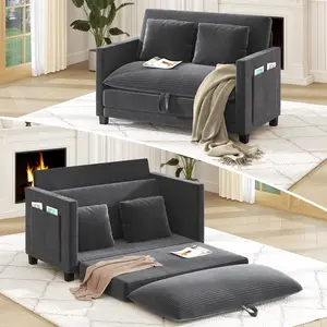 51 Inch Convertible Sofa Bed Sleeper with Storage Pockets & 2 Pillows - 2-in-1 Folding Loveseat for Small Spaces, Modern Corduroy Loveseat for Apartment, Living Room, Guest Room, Beige/Green/Grey