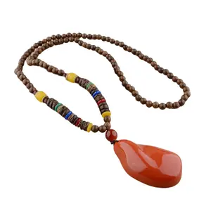 Long Wooden Bead Pendant Necklace Adornment Symbolizing Good Luck and Peace