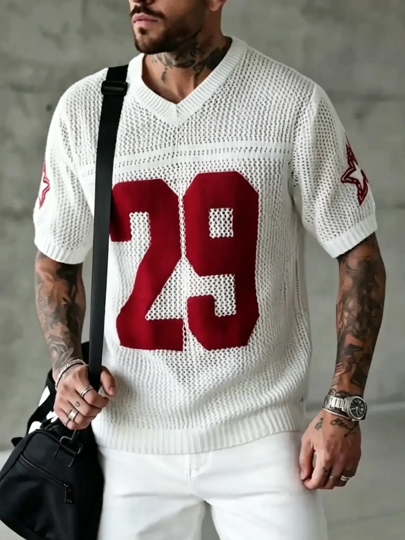 Men's Summer Sport Style Knit Sweater, V Neck Breathable Hollow Out Digital Star Pattern, Loose-Fitting Casual Wear for Daily Sports, Knitwear