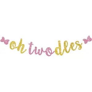 Glitter Pink Gold Oh Twodles Banner Pre-Strung Mouse Themed Cartoon Party Sign Garland 2nd Baby Birthday Decorations Birthday Party Supplies for Boys Girls,NO DIY