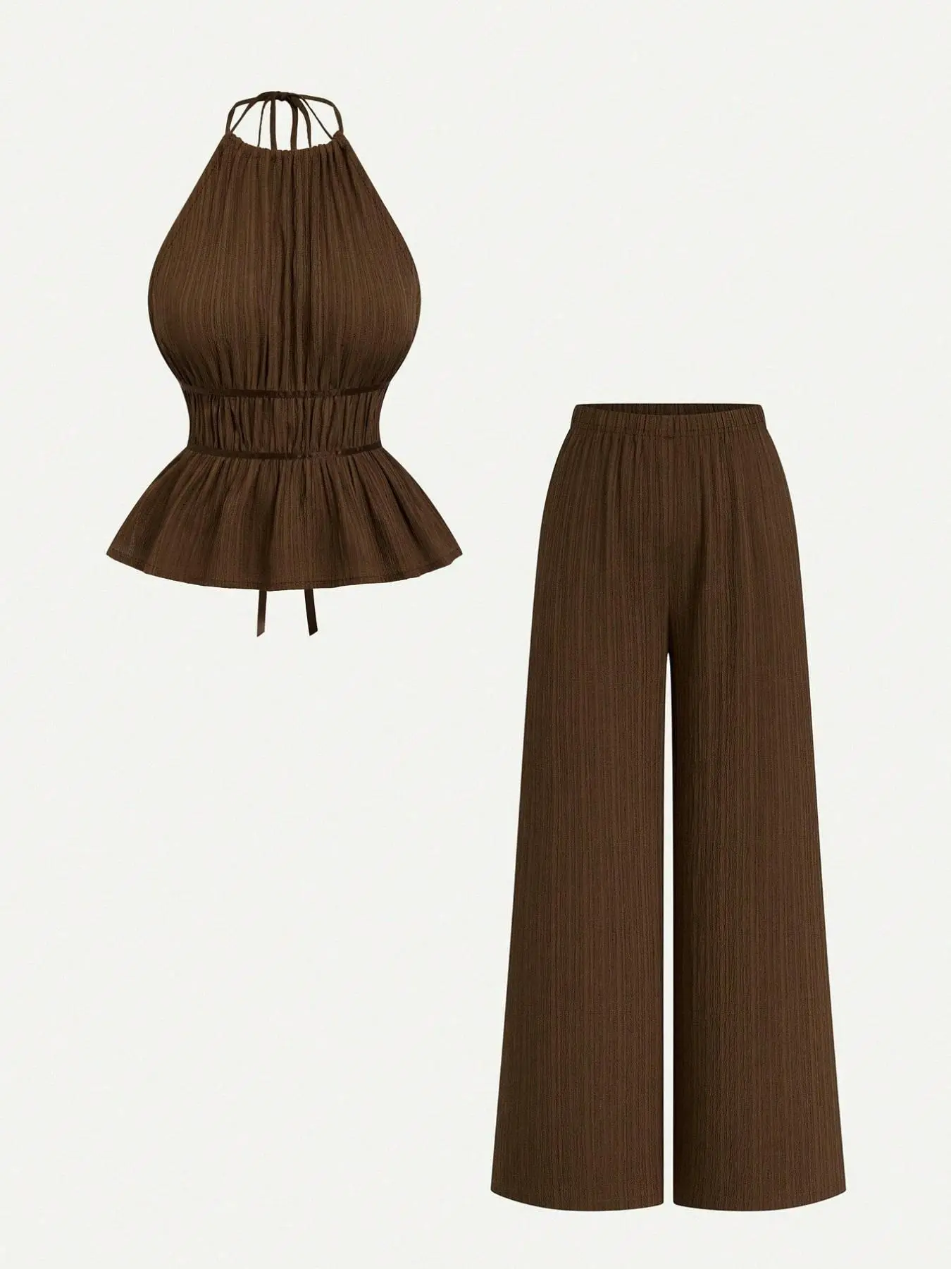 French-style elegant halter-neck ruched top and wide-leg pants set Matching, textured fabric casual gentle-style two-piece outfit, essential dating wear Womenswear Clothes Elegance Bottoms