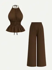 French-style elegant halter-neck ruched top and wide-leg pants set, textured fabric gentle-style two-piece outfit, essential dating wear
